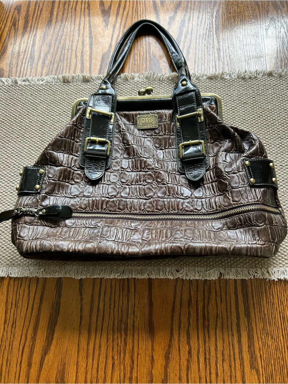 Vintage D&G Brown Croc-Embossed Leather Satchel with Black Trim